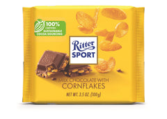 Ritter Sport milk chocolate with cornflakes bar shows crisp texture for a crunchy, satisfying bite.