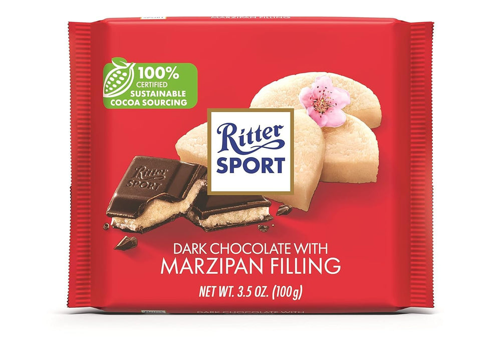 Ritter Sport Marzipan Dark Chocolate bar outer wrap, premium packaging ideal for gifting.