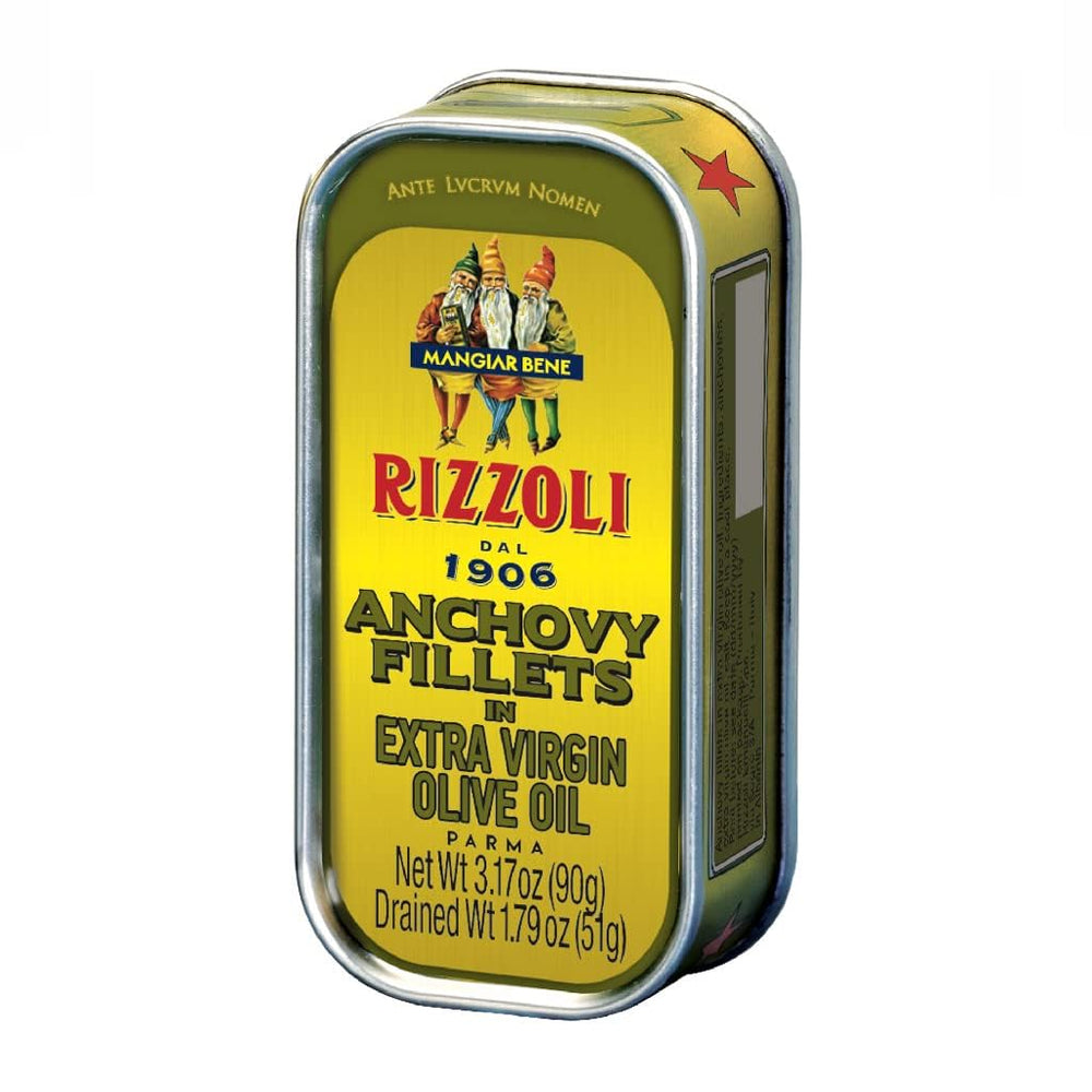 Rizzoli anchovy fillets in olive oil packaging highlights clean ingredients for gourmets.