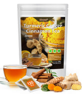 Rlvym turmeric ginger cinnamon tea bags in eco-friendly corn fiber packaging for a pure brew.