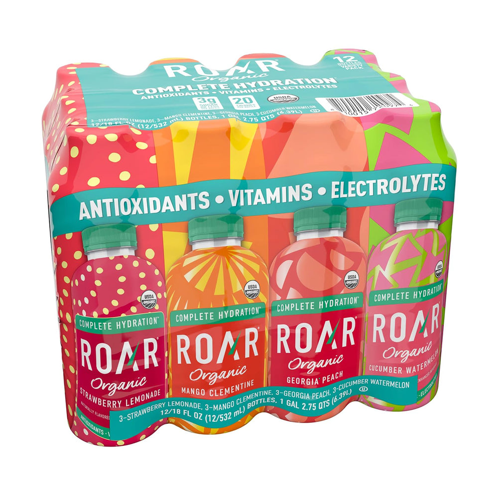 ROAR Complete Hydration Strawberry Lemonade bottle, refreshing flavor for post-workout recovery.