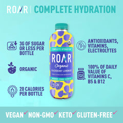 ROAR Organic Complete Hydration bottle side view, perfect for workouts and travel