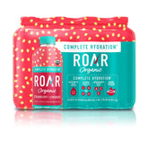 ROAR Organic Complete Hydration strawberry lemonade bottle highlights electrolytes for quick hydration.