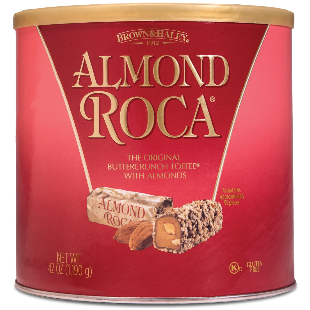 Roca Almond Buttercrunch canister close-up, 42oz, ideal for gifting and sharing.
