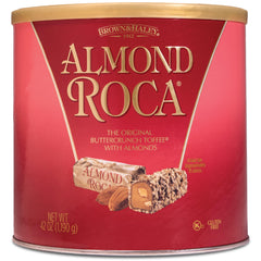 Roca Almond Buttercrunch canister close-up, 42oz, ideal for gifting and sharing.