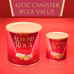 Roca Almond Buttercrunch toffee inside canister shows premium presentation.