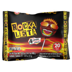 Rockaleta Chile lollipops pack front shows vibrant colors for festive snacking
