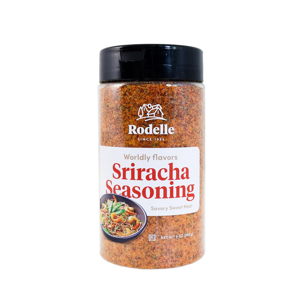 Rodelle Sriracha Seasoning packaging front view highlighting bold grilling flavor.