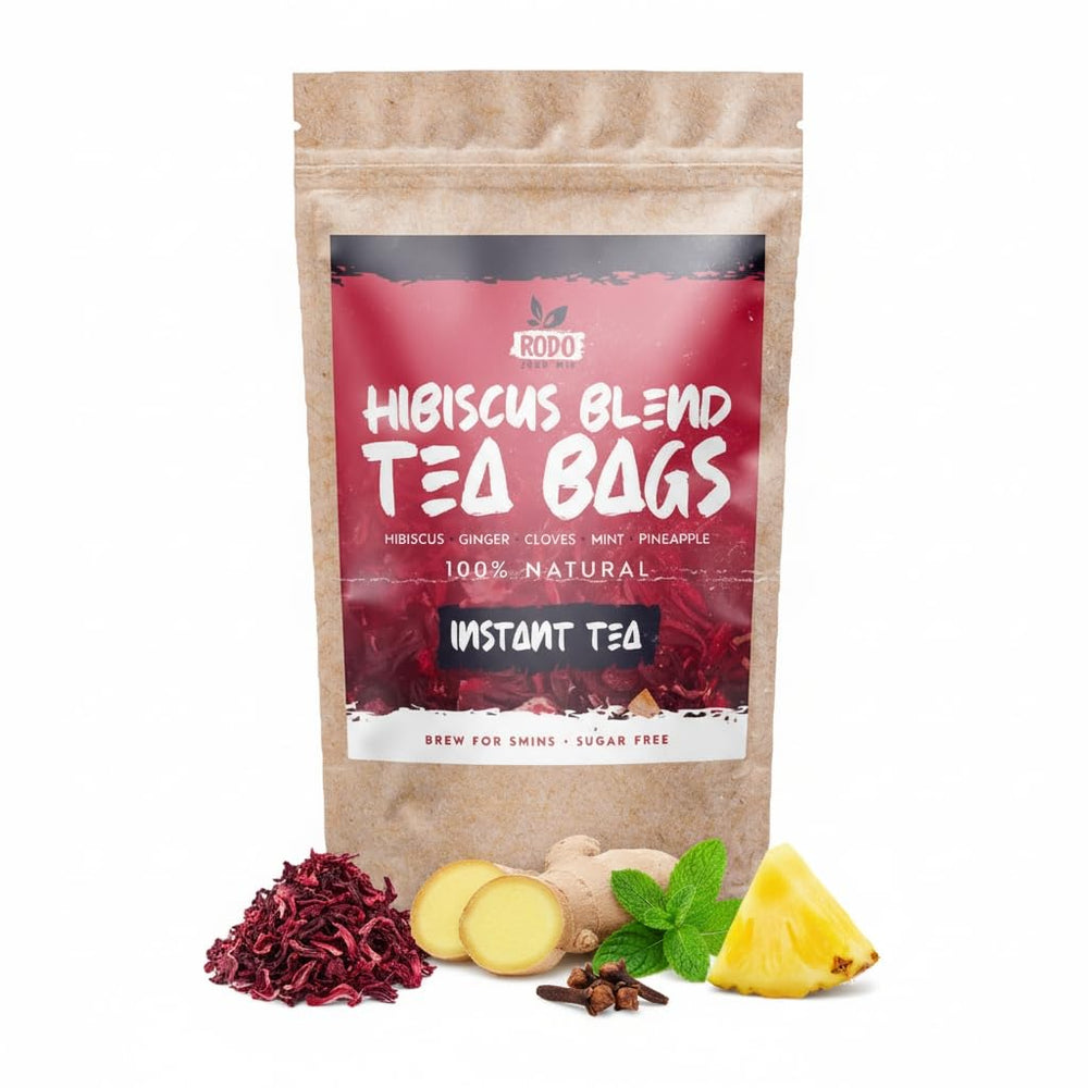 RodoZobo Hibiscus tea bags pack shot showing vibrant ruby color and premium herbal blend.