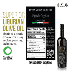 ROI Taggiasca EVOO bottle pour shows smooth texture ideal for dressings and sautéing.