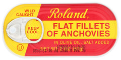 Roland Anchovies in Olive Oil 2oz jar label highlights sustainable sourcing and premium quality.