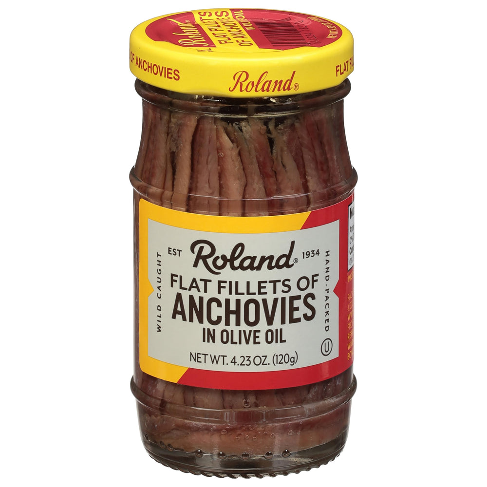 Roland anchovies in olive oil jar front for pantry-ready umami