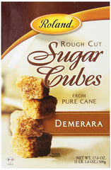 Roland rough cut Demerara sugar cubes on the box front for premium sweetening
