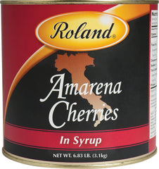 Roland Foods Amarena cherries in syrup can, glossy dark red color for desserts