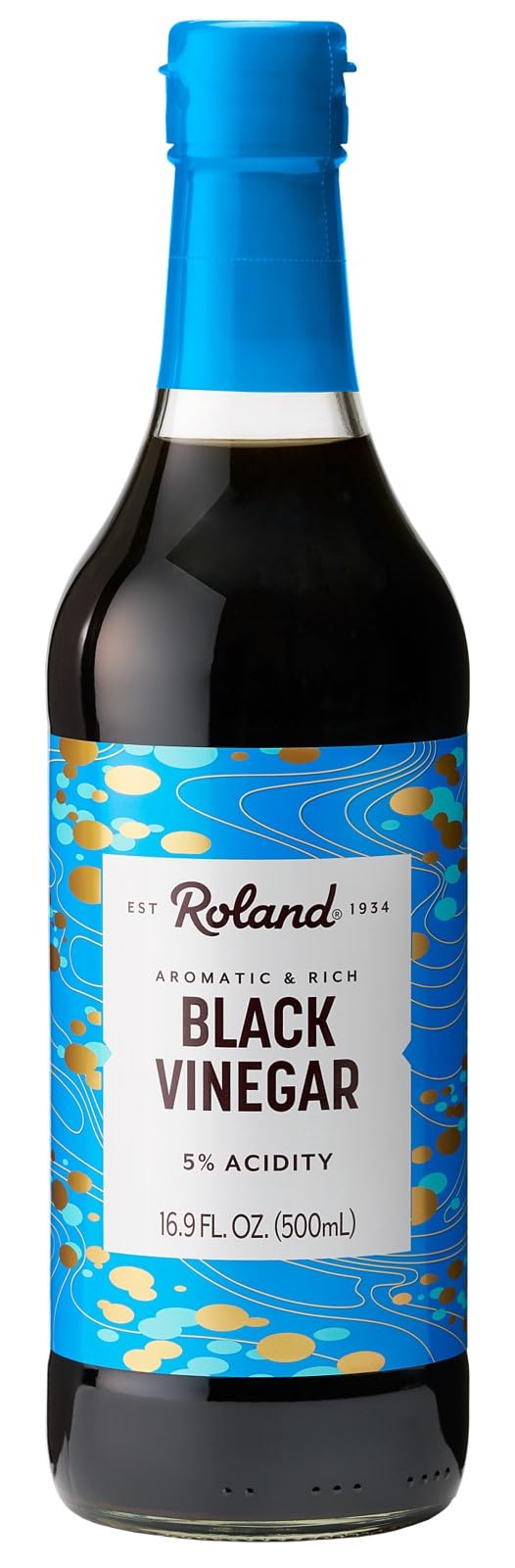 Roland Foods Black Vinegar bottle on shelf, mildly acidic for dressings and marinades.