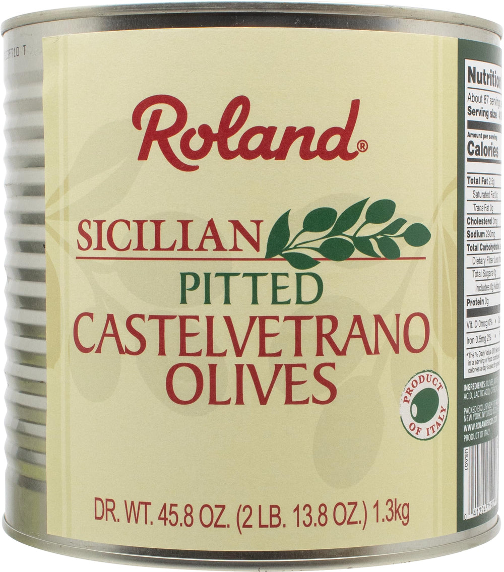 Roland Foods Castelvetrano olives in a can, ready to eat for snacking.