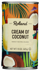Roland Foods Cream of Coconut label close-up showcasing silky flavor for recipes.