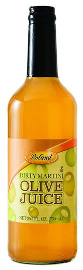 Roland Foods Dirty Martini Olive Juice bottle close-up, versatile cocktail base.