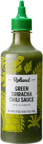 Roland Foods Green Sriracha bottle front view highlighting versatile heat for bowls and tacos.
