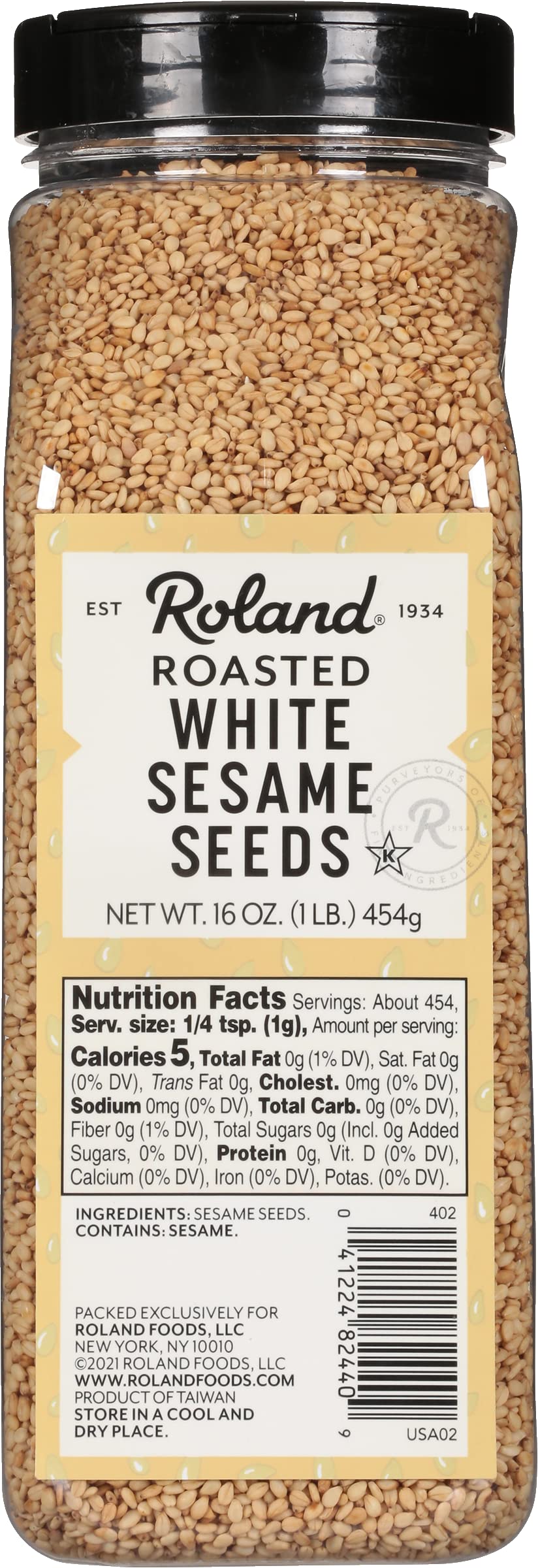 Roland Foods Roasted White Sesame Seeds container ready to top dishes.
