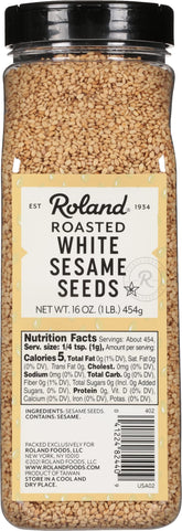 Roland Foods Roasted White Sesame Seeds container ready to top dishes.