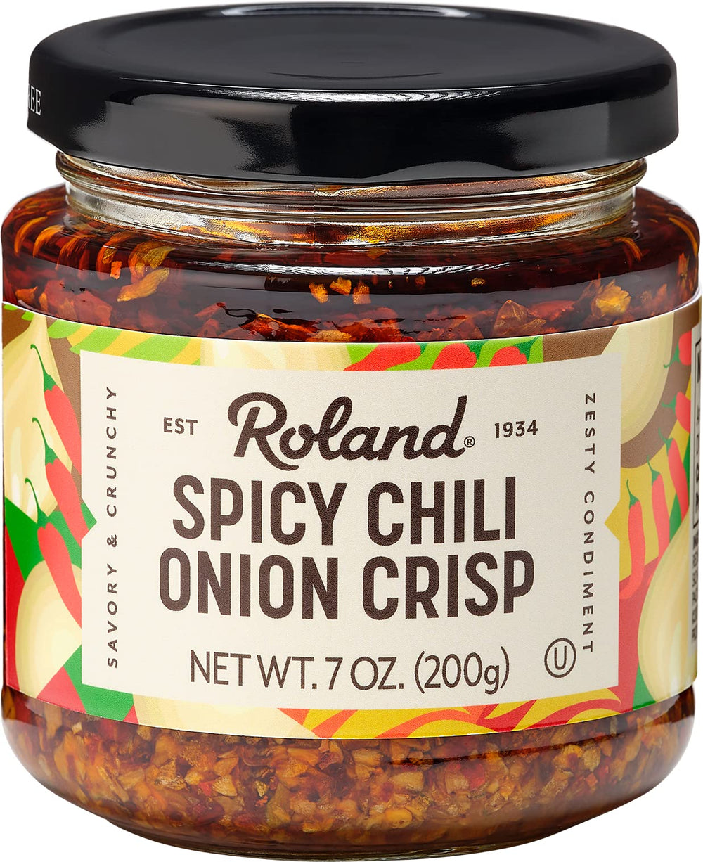 Roland Foods Spicy Chili Onion Crisp bottle highlights convenient topping for quick meals.