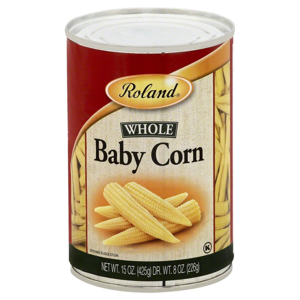Roland Foods Whole Baby Corn spears, crisp texture ideal for salads and stir-fries.