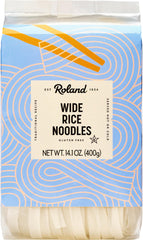 Roland Foods wide rice noodles in package, gluten-free base suitable for diverse sauces.