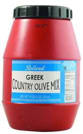 Roland Foods Greek Country Olive Mix with Kalamata olives in pits, perfect for antipasti platters.
