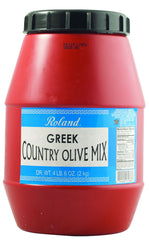 Roland Foods Greek Country Olive Mix with Kalamata olives in pits, perfect for antipasti platters.