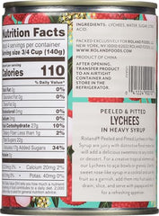 Close-up of Roland lychee can label highlighting ingredients and quality.