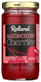 Roland Premium Maraschino Cherries with Stems in jar front show a vibrant, versatile cocktail garnish.