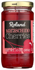 Roland Premium Maraschino Cherries with Stems in jar front show a vibrant, versatile cocktail garnish.