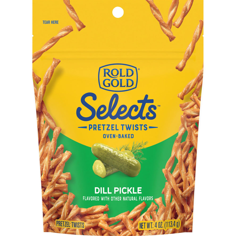 Rold Gold Selects dill pickle pretzel twists closeup showing crunchy bite for snacking
