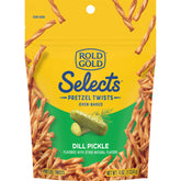 Rold Gold Selects dill pickle pretzel twists closeup showing crunchy bite for snacking