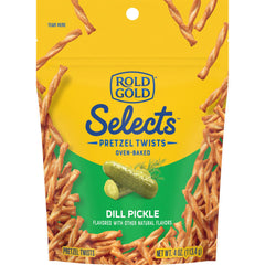 Rold Gold Selects dill pickle pretzel twists closeup showing crunchy bite for snacking