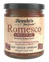 Ronda’s Fine Foods Romesco Dip jar highlights almonds and peppers for smoky richness.