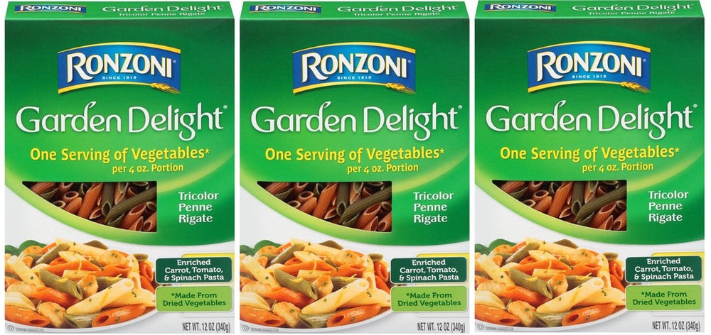 Ronzoni Garden Delight tricolor penne rigate, vibrant pasta ready to pair with your favorite sauce.