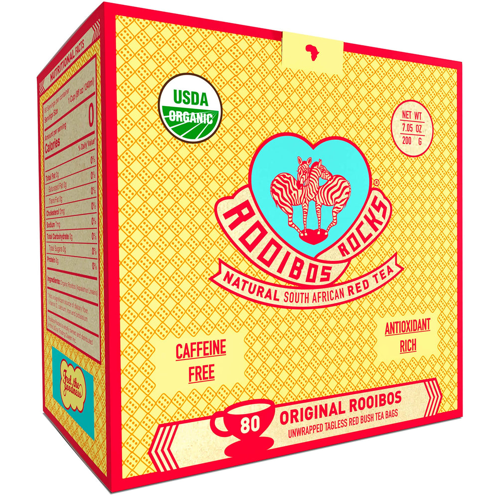 ROOIBOS ROCKS caffeine-free rooibos tea bags in 80-count packaging, ideal for family tea time.