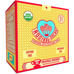 ROOIBOS ROCKS caffeine-free rooibos tea bags in 80-count packaging, ideal for family tea time.