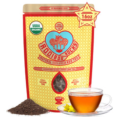 ROOIBOS ROCKS loose-leaf tea jar showing organic rooibos with antioxidant richness