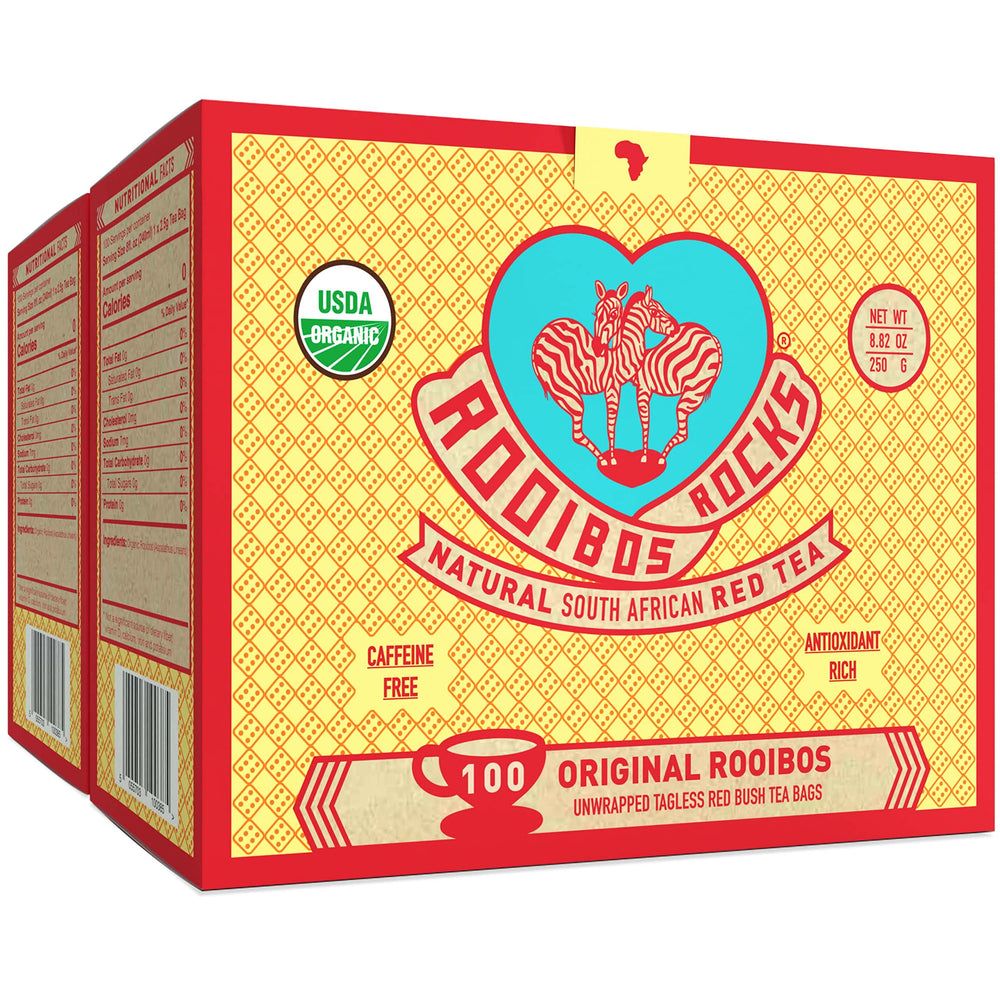 ROOIBOS ROCKS organic rooibos tea bags with zero calories and caffeine-free.