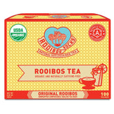 Rooibos Rocks red tea bags steeping in a hot cup, caffeine-free comfort.