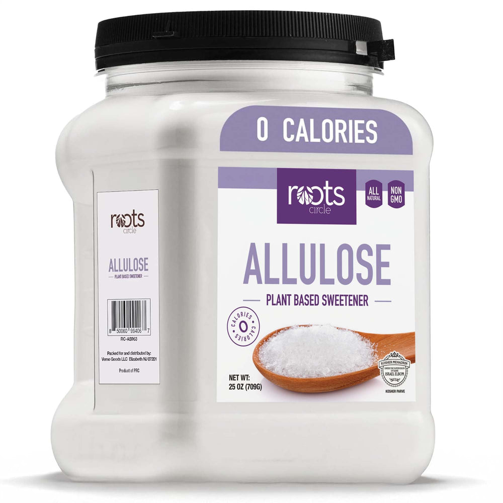 Roots Circle Allulose bottle pour offers zero-calorie sweetness for beverages with minimal glucose impact
