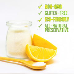 Roots Circle citric acid powder shown with cleaning tools for eco-friendly descaling and stain removal