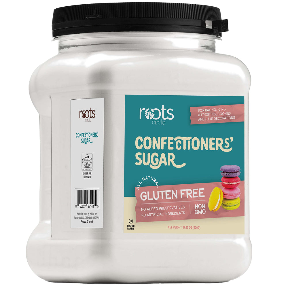 Roots Circle confection sugar packaging highlights premium gluten-free sugar for smooth bakes.
