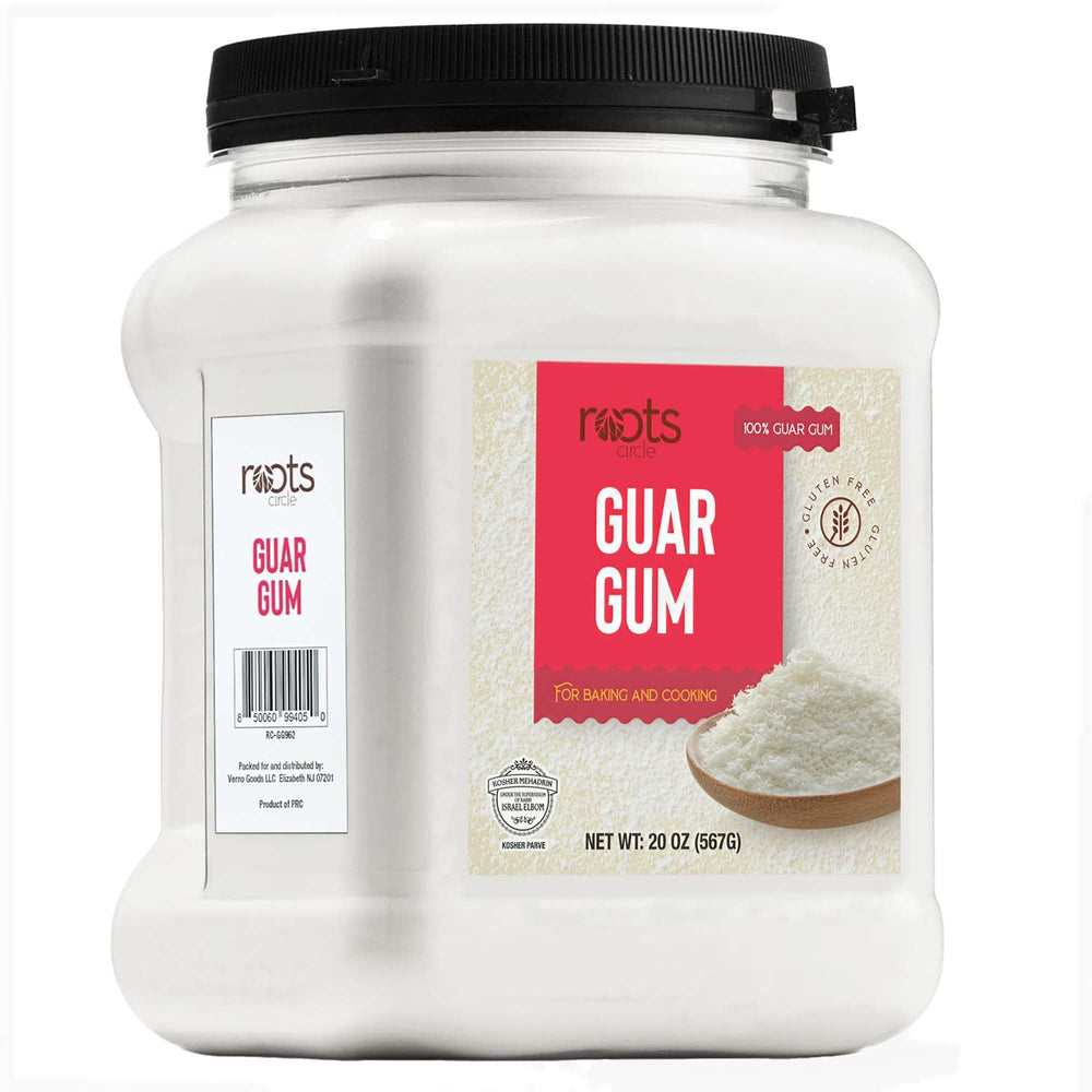 Roots Circle guar gum powder container, 20 oz, a pure plant thickener for sauces and baking.