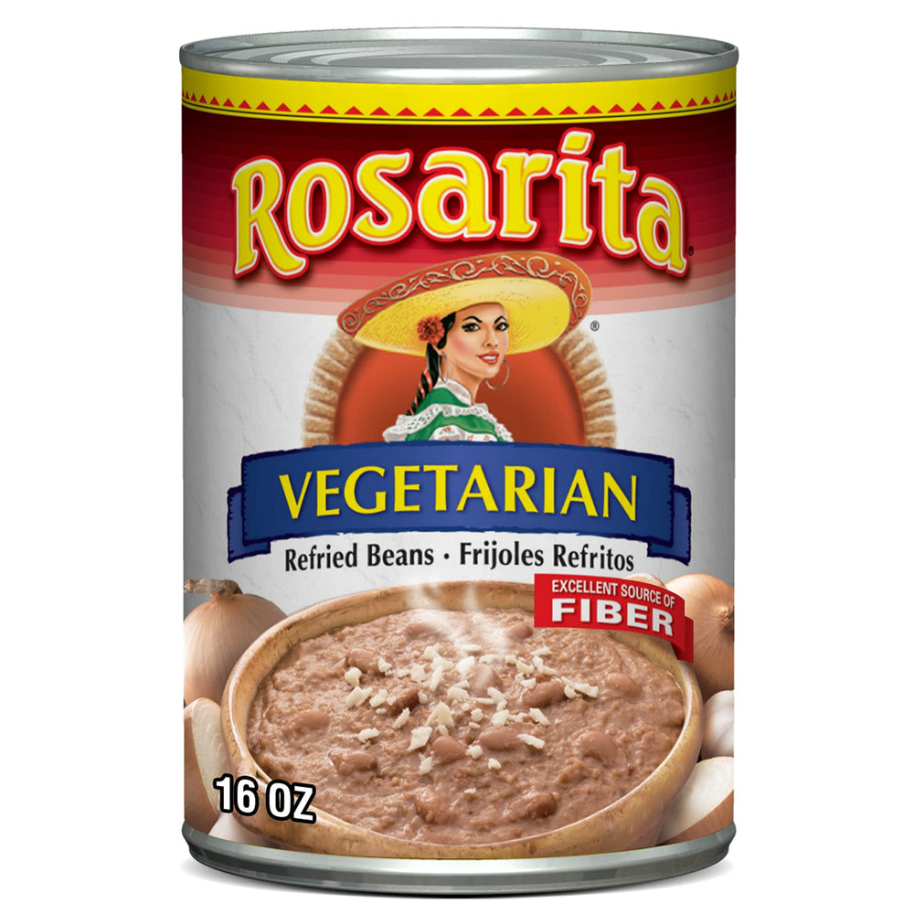 Rosarita Vegetarian Refried Beans can, ready to heat for quick meals.