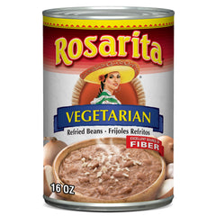 Rosarita Vegetarian Refried Beans can, ready to heat for quick meals.