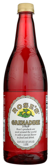 Rose's Grenadine bottle on bar, adds balanced sweetness to cocktails.